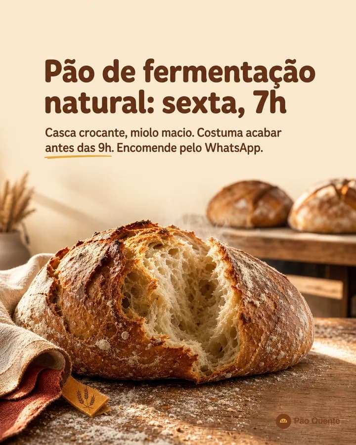 Arte de post de padaria: pão de fermentação natural sobre a mesa, com o título Pão de fermentação natural: sexta, 7h