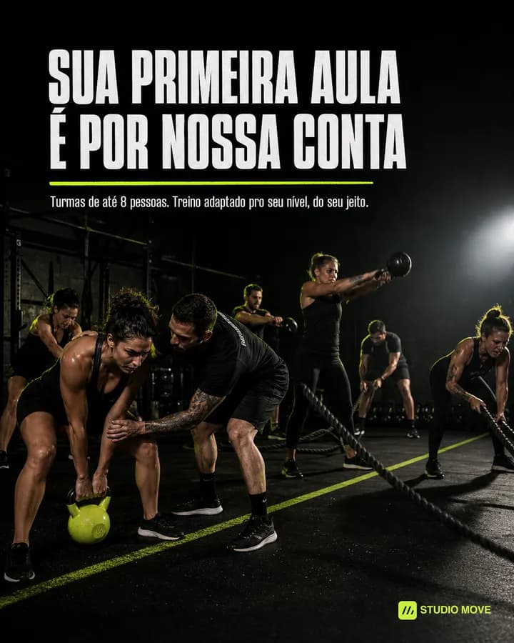 Arte de post de academia: turma treinando funcional, com o título Sua primeira aula é por nossa conta