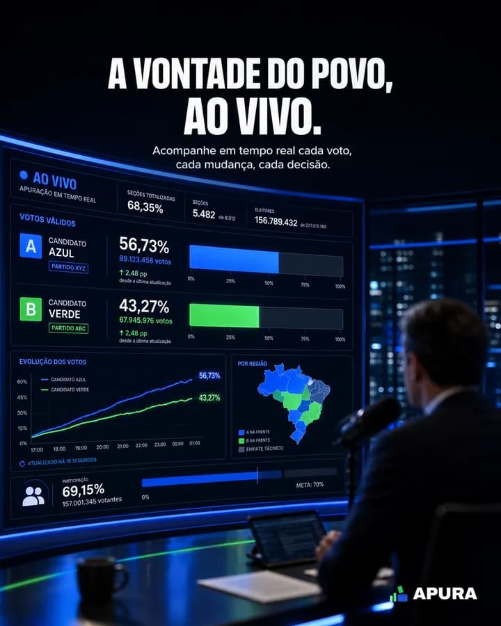Arte de post: painel de apuração eleitoral ao vivo num estúdio de TV