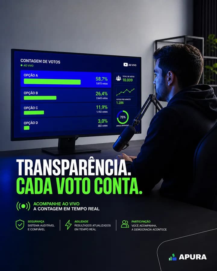 Arte de post: apresentador acompanhando a contagem de votos num monitor