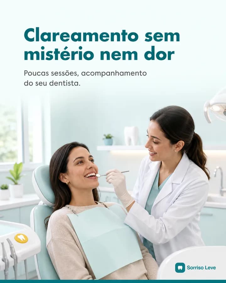 Arte de post de clínica odontológica: dentista atendendo paciente sorrindo, com o título Clareamento sem mistério nem dor